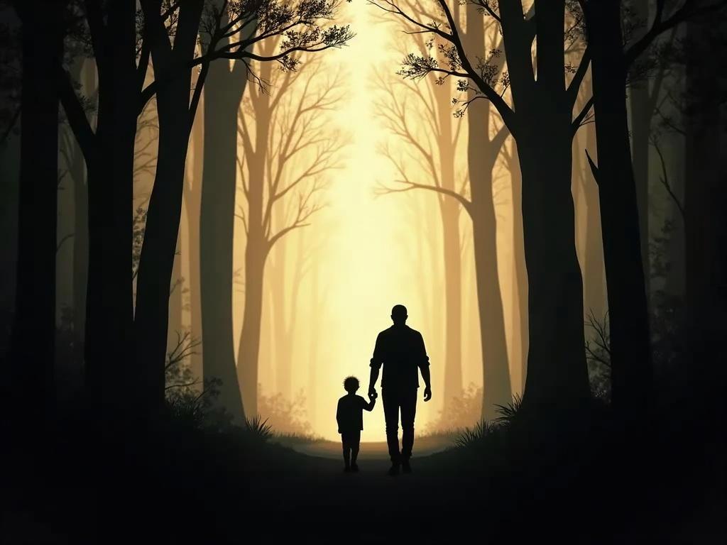 a-silhouette-of-a-man-and-a-child-walking-through-k0x0pk82vc