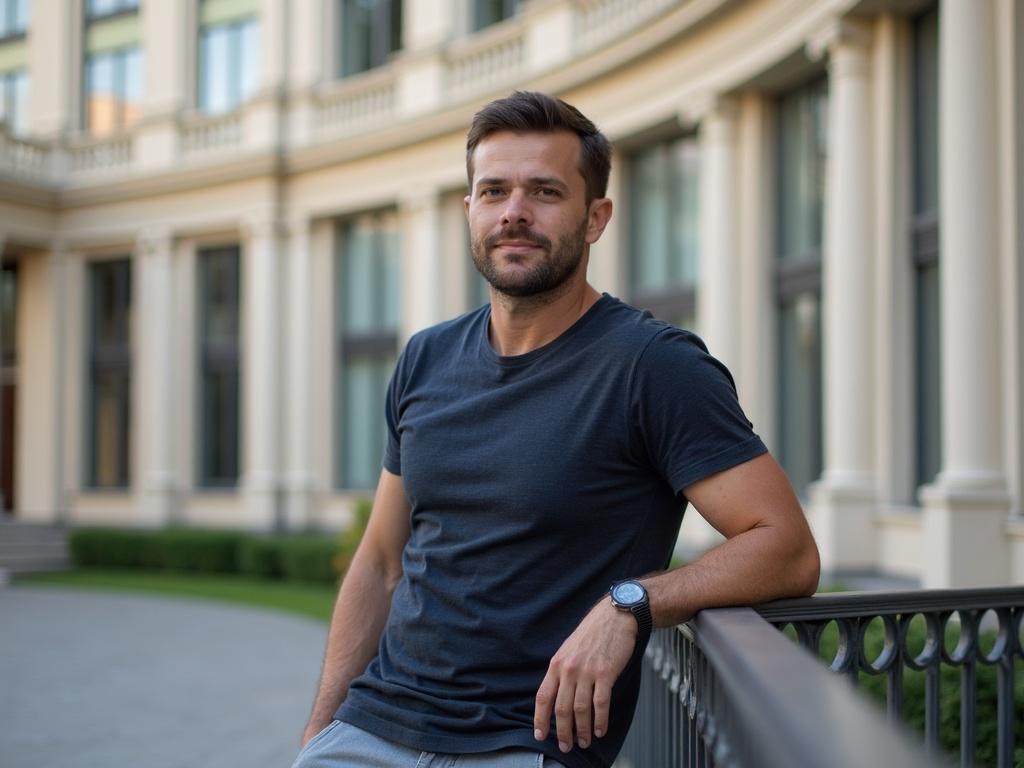 a-man-leaning-against-a-railing-in-front-of-a-6tcl822bon