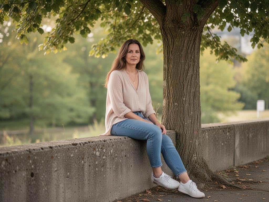 a-woman-sitting-on-a-concrete-wall-next-to-a-tree-3i9akfjqqx