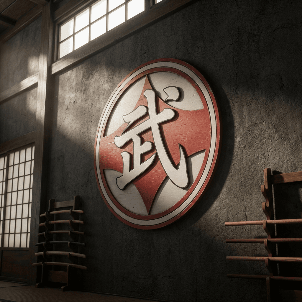 large-circular-martial-arts-emblem-mounted-on-a-j741946469
