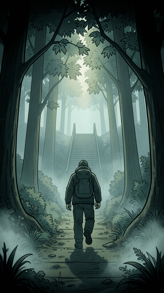 hiker-walking-away-from-the-staircase-forest-trees-w1qnbt3nl