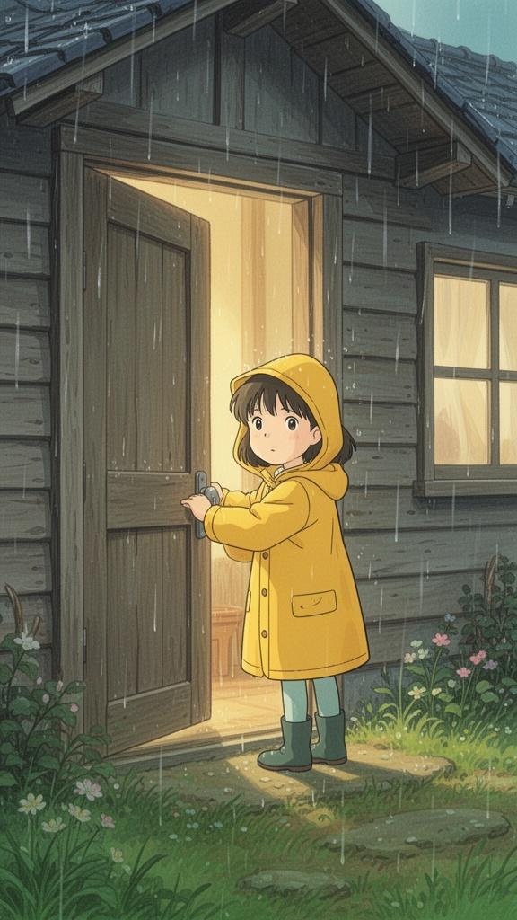 young-girl-in-yellow-raincoat-opening-wooden-door-ba8xqgjtqh