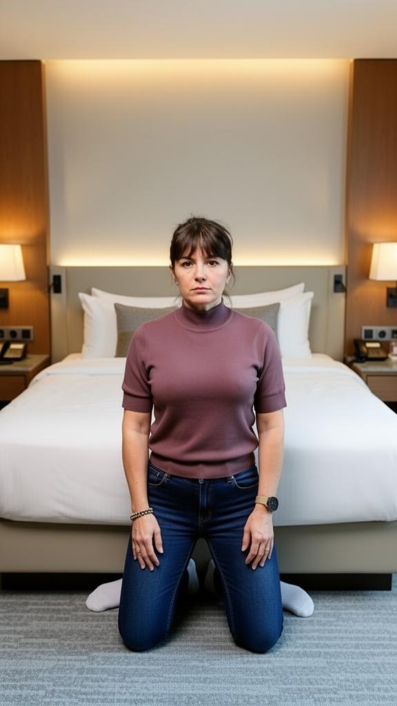 the-woman-kneels-on-her-knees-she-looks-at-the-9l3cz11lxl