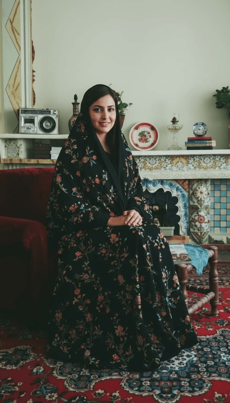 a-woman-wearing-a-floral-chador-is-sitting-l133r5uh4z
