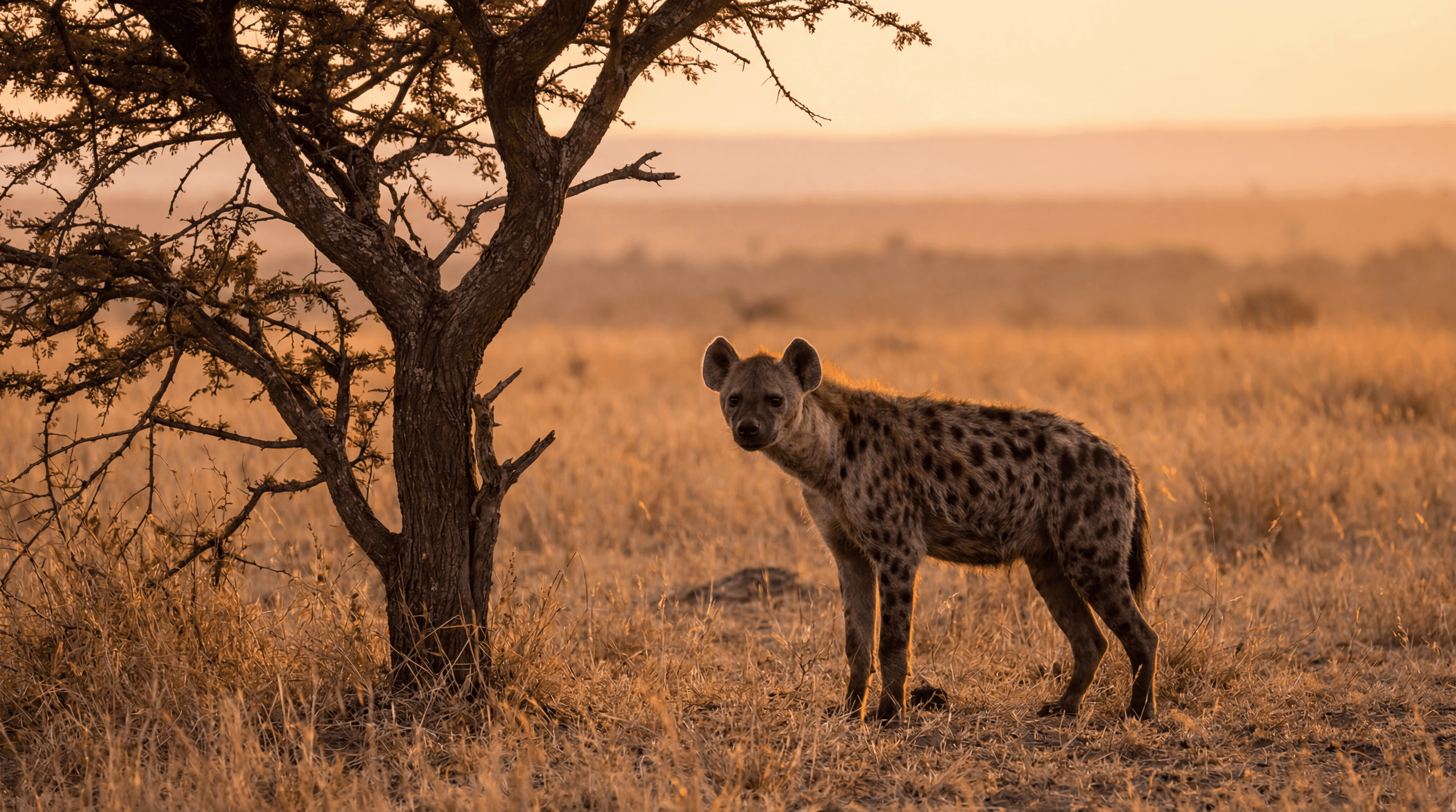 rare-spotted-hyena-standing-next-to-an-acacia-tree-01mjye20l