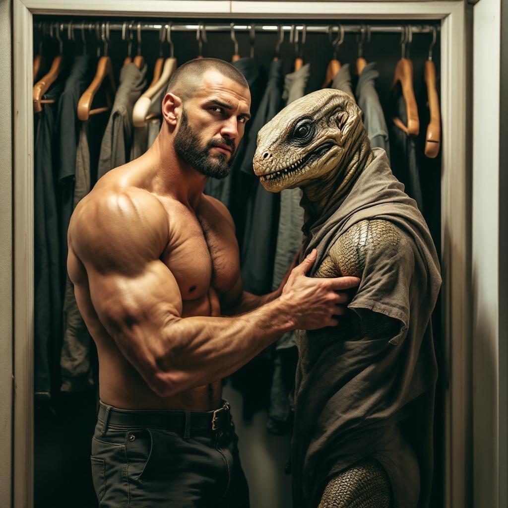 muscular-man-with-buzzcut-removing-human-disguise-27prjfbjcq