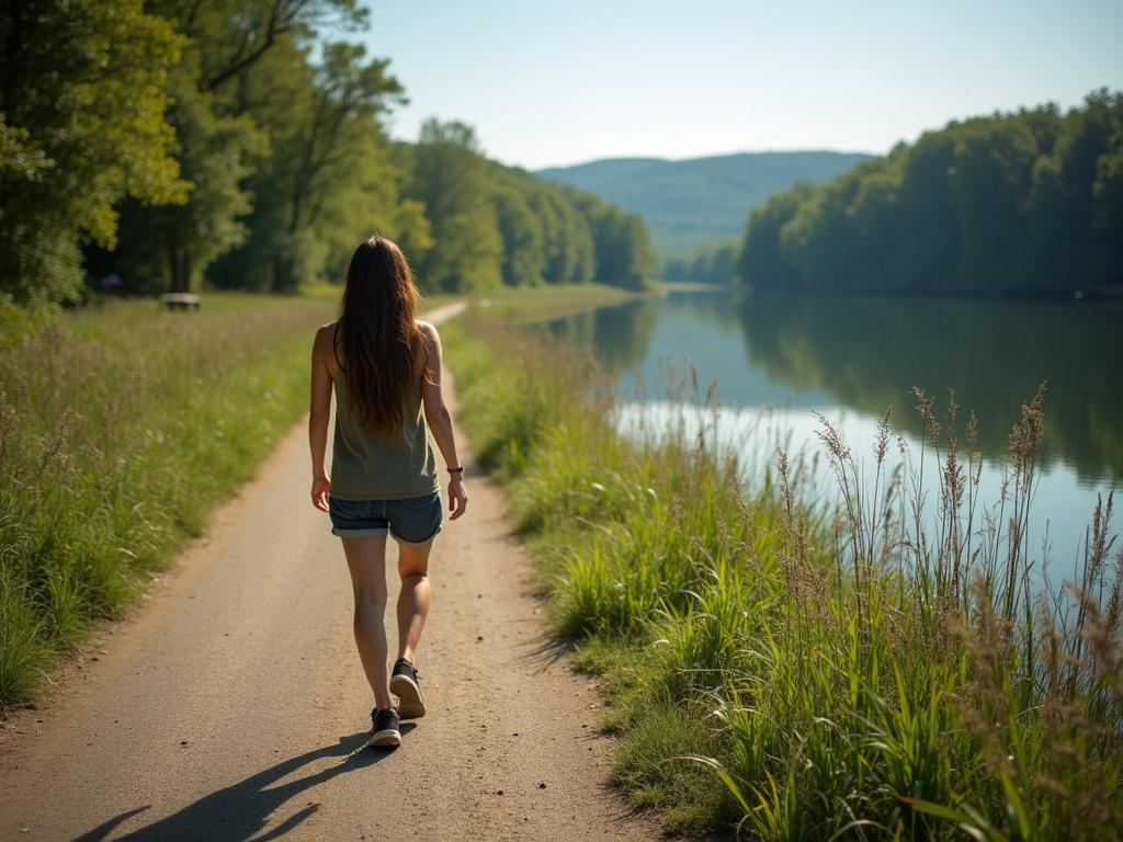 photorealistic-hiking-down-a-path-next-to-a-lake-hq0ktrml8w