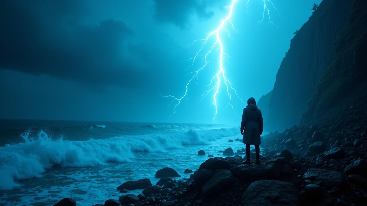 a-man-in-a-raincoat-standing-on-a-rocky-bv6yds0xdb