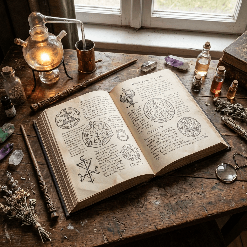 an-ancient-magic-tome-lies-open-on-top-of-a-wooden-o15i1ular