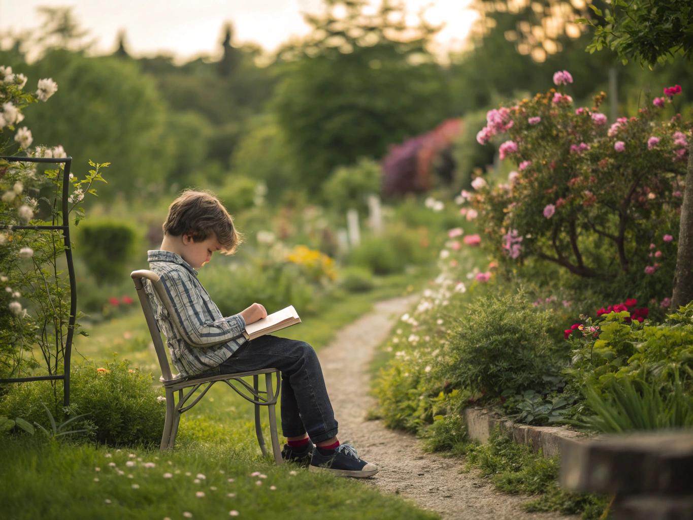 a-boy-seating-on-a-chair-in-a-garden-kz1emfj481