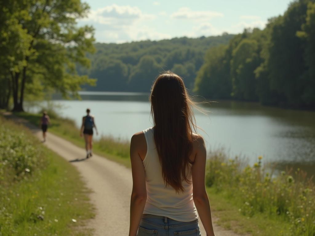 photorealistic-hiking-down-a-path-next-to-a-lake-qrr1bmyhbl