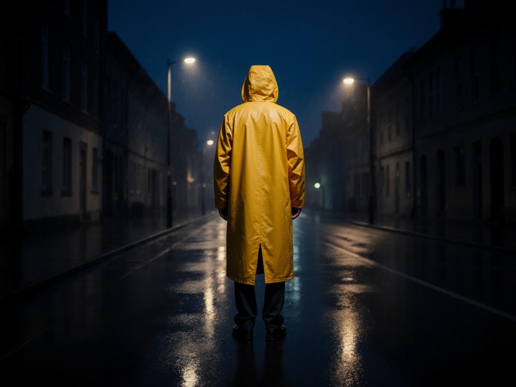 a-man-in-a-long-yellow-raincoat-with-the-hood-up-k2ykldnry9