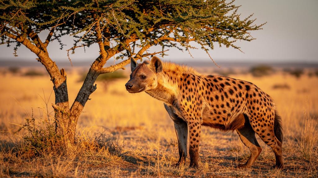 rare-spotted-hyena-standing-next-to-an-acacia-tree-9zja8kglg