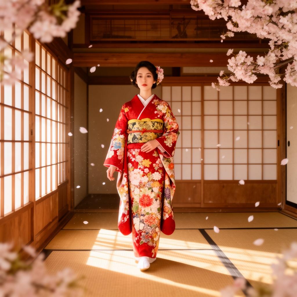 the-woman-in-a-vibrant-floral-kimono-walks-usbkd3nj7a