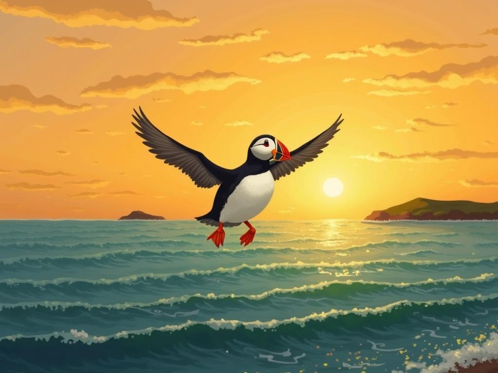 the-image-is-a-painting-of-a-puffin-bird-flying-9csa8jzybe