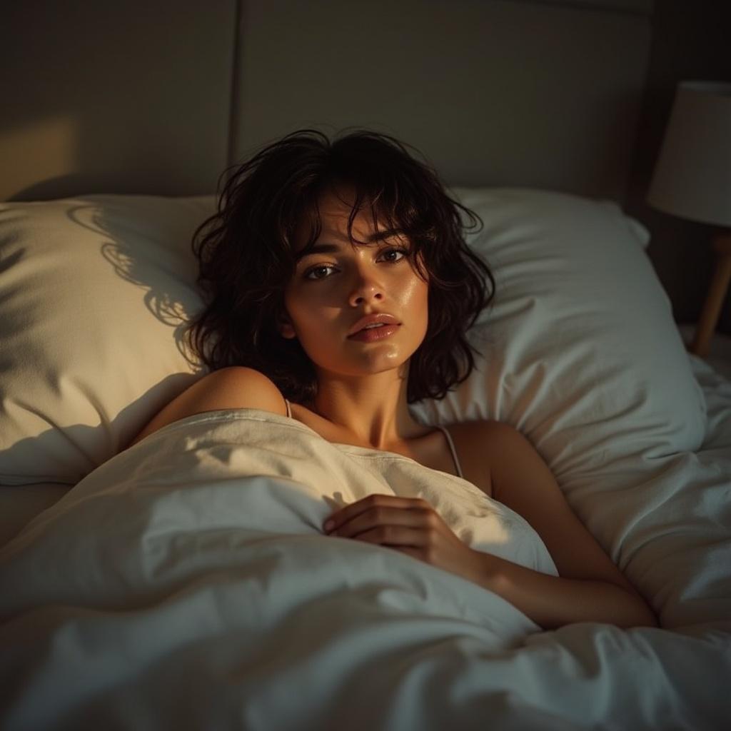 une-femme-de-25-ans-assise-dans-son-lit-se-prenant-lksg5apzq