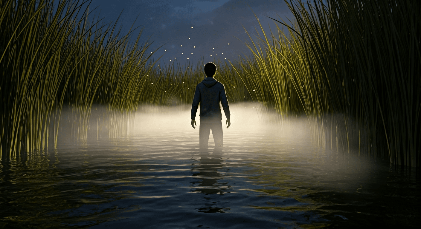 3d-young-man-standing-in-swamp-at-dusk-fog-rising-t18o2hvcm3