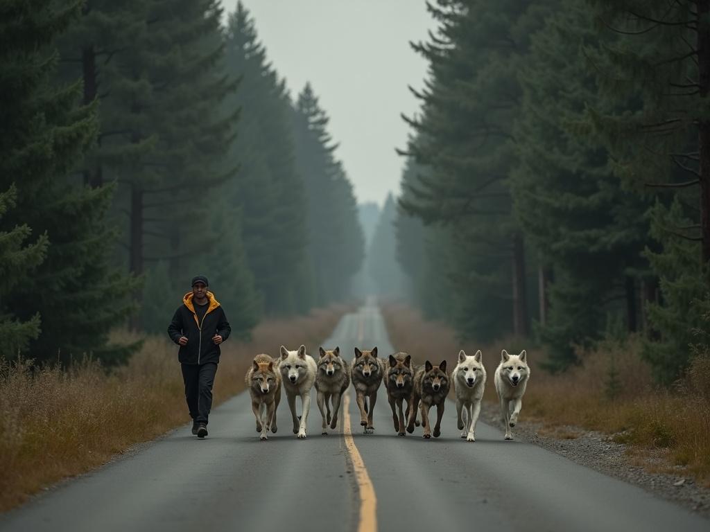 a-wolf-runs-with-its-pack-down-a-long-forest-road-d7mhb3kgd1