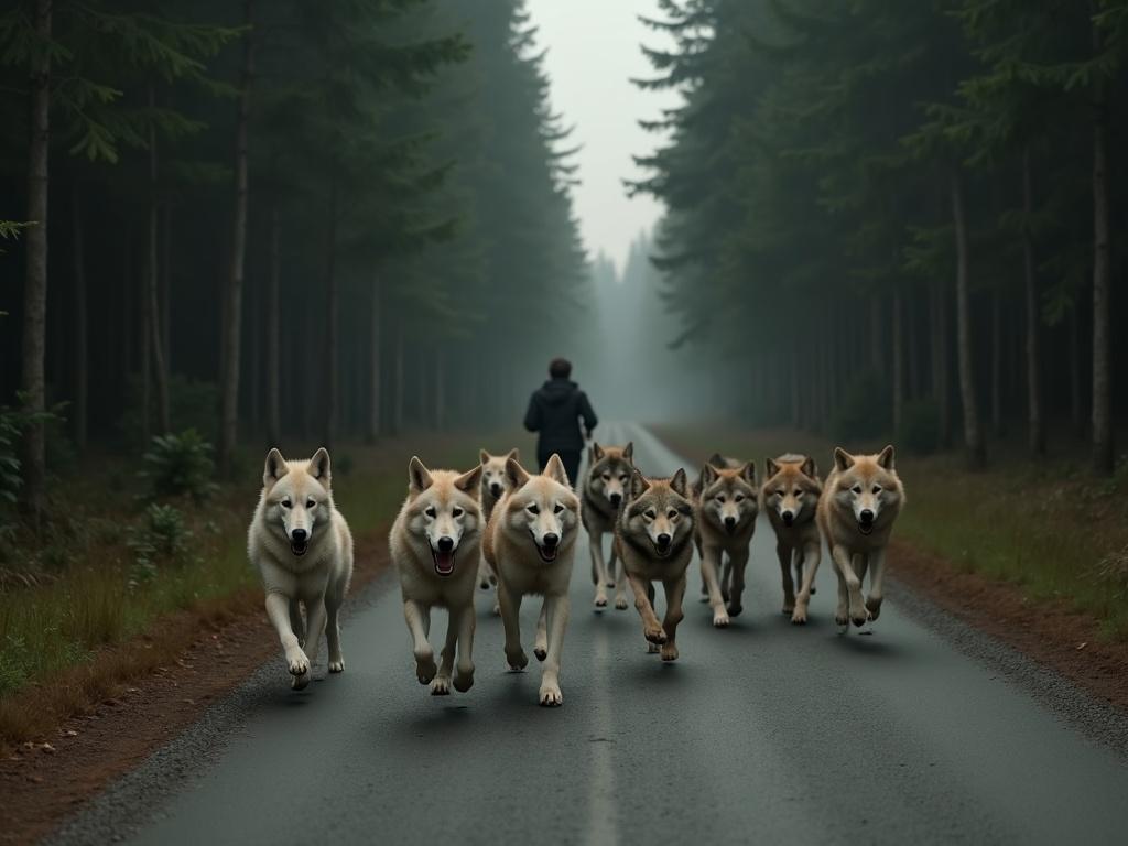 a-wolf-runs-with-its-pack-down-a-long-forest-road-9qevoy3od7