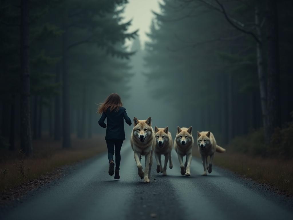 a-wolf-runs-with-its-pack-down-a-long-forest-road-jwkgf21qhi