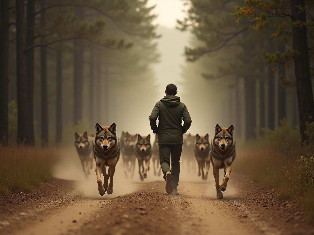 a-wolf-runs-with-its-pack-down-a-long-dusty-road-3eig4xur1w