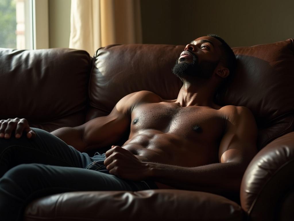 a-muscular-black-man-reclines-shirtless-on-a-worn-894e6zmwdu