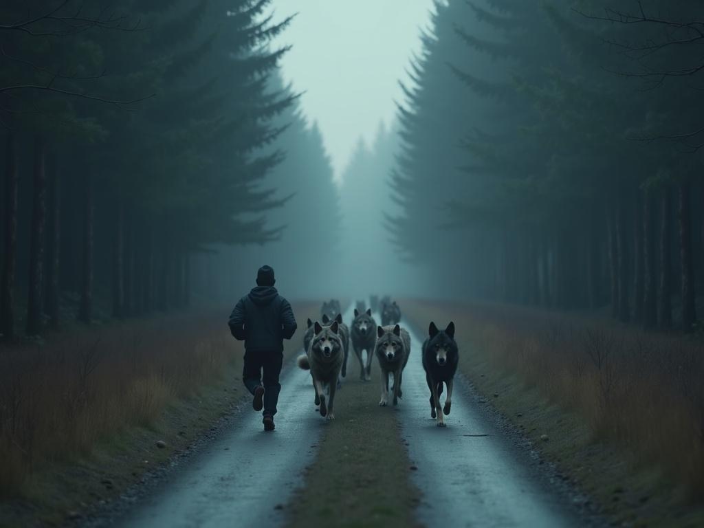 a-wolf-runs-with-its-pack-down-a-long-forest-road-krh9epplwq