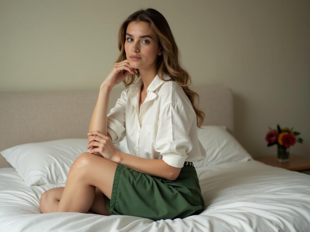 a-woman-in-a-white-shirt-and-green-skirt-sitting-nwhbygmq0l