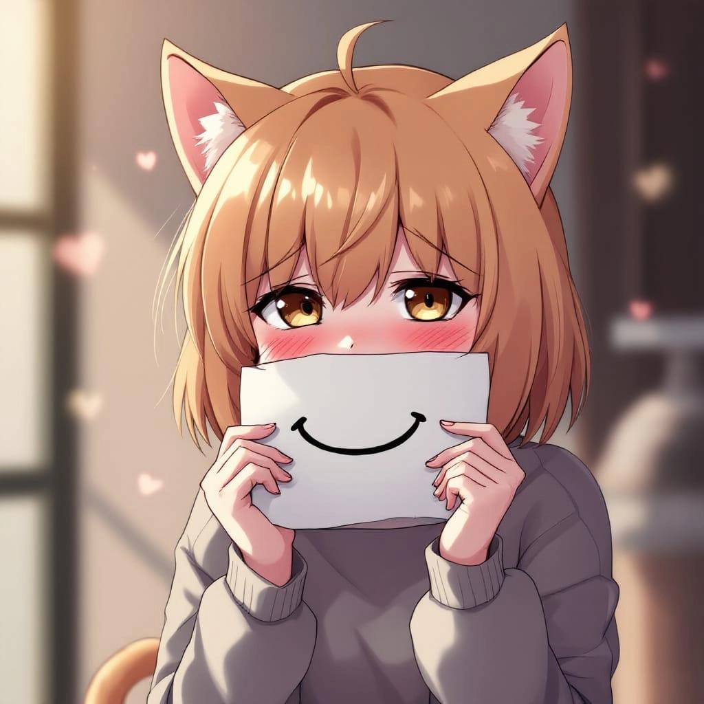 beautiful anime artwork, a cute anime catgirl that looks depressed holding a piece of paper with a smile drawn on it over her mouth, she is about to cry